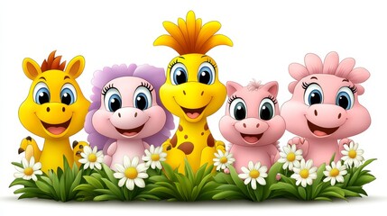 Delightful cartoon animal characters nestled in vibrant green grass and charming white daisy flowers offering joy and happiness to all ages