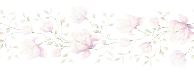 Elegant delicate seamless pattern soft pink magnolia flowers and light green leaves, pink pastel colored romantic floral magnolia flowers bouquet on white background. Watercolor painting.