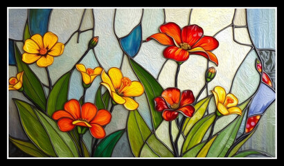 Colorful stained glass window. Botanical pattern. Multicolored interior design template.