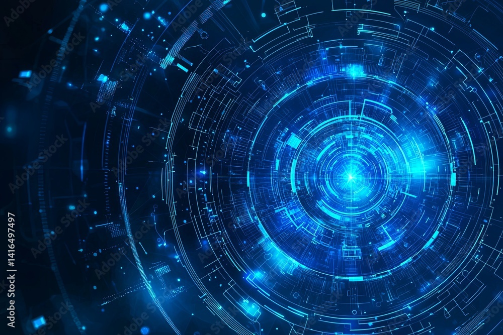 Poster futuristic abstract digital background with circular patterns and glowing lines in vibrant blue colo