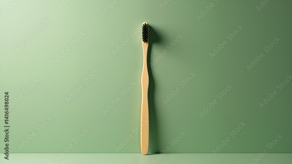 Poster the image shows a wooden toothbrush sitting on top of a green table. the toothbrush has a long handl