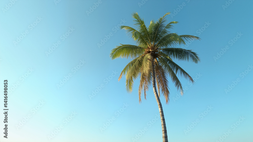 Poster the image shows a tall palm tree standing in the middle of a field