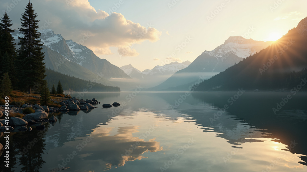 Poster the image shows a beautiful sunset over a mountain lake with rocks and trees in the foreground. the 