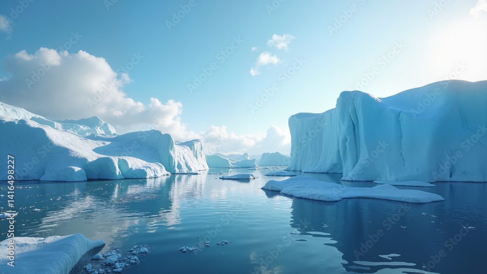 Poster the image shows an iceberg floating in the ocean with mountains in the background. the sky is filled