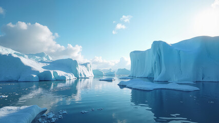 The image shows an iceberg floating in the ocean with mountains in the background. The sky is filled with clouds and the water is visible at the bottom of the image. The icebergs are surrounded by hil