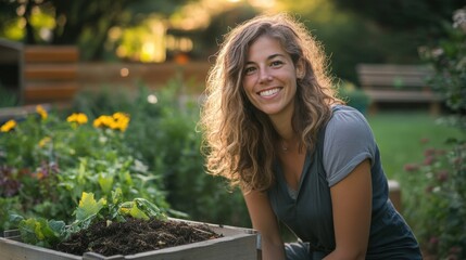 Happy Woman Gardener Smiling in a Green Garden at Sunset