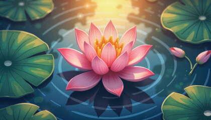 Serene lotus flower blooms in tranquil pond at sunrise, inner peace