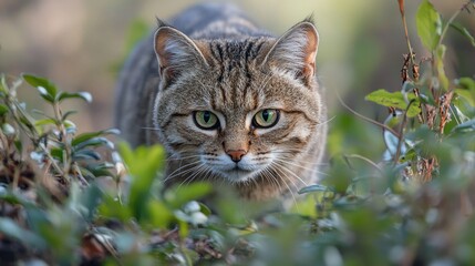 A cat is walking through a field of green plants