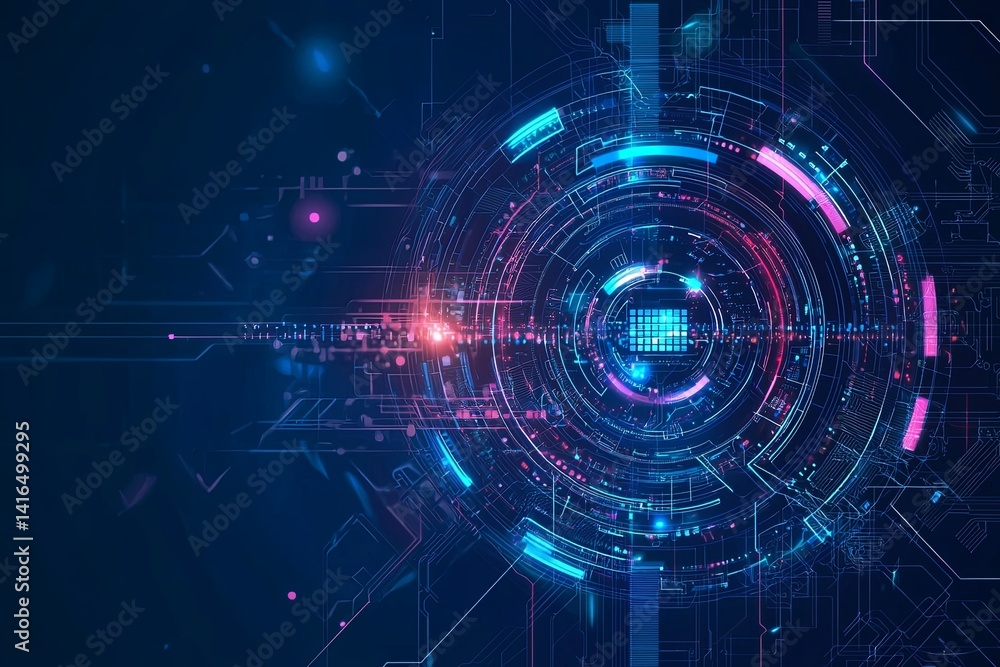 Poster abstract futuristic technology background with glowing neon shapes, digital circuit patterns, and vi