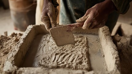 Worker applies plaster with precision, filling wall gaps smoothly, close-up of fresh plaster blending into surface.