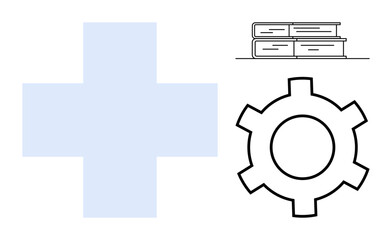 Obraz premium Blue medical cross, stack of books, and gear symbolizing healthcare, education, and innovation. Ideal for healthcare, education, research, teamwork process growth simple landing page