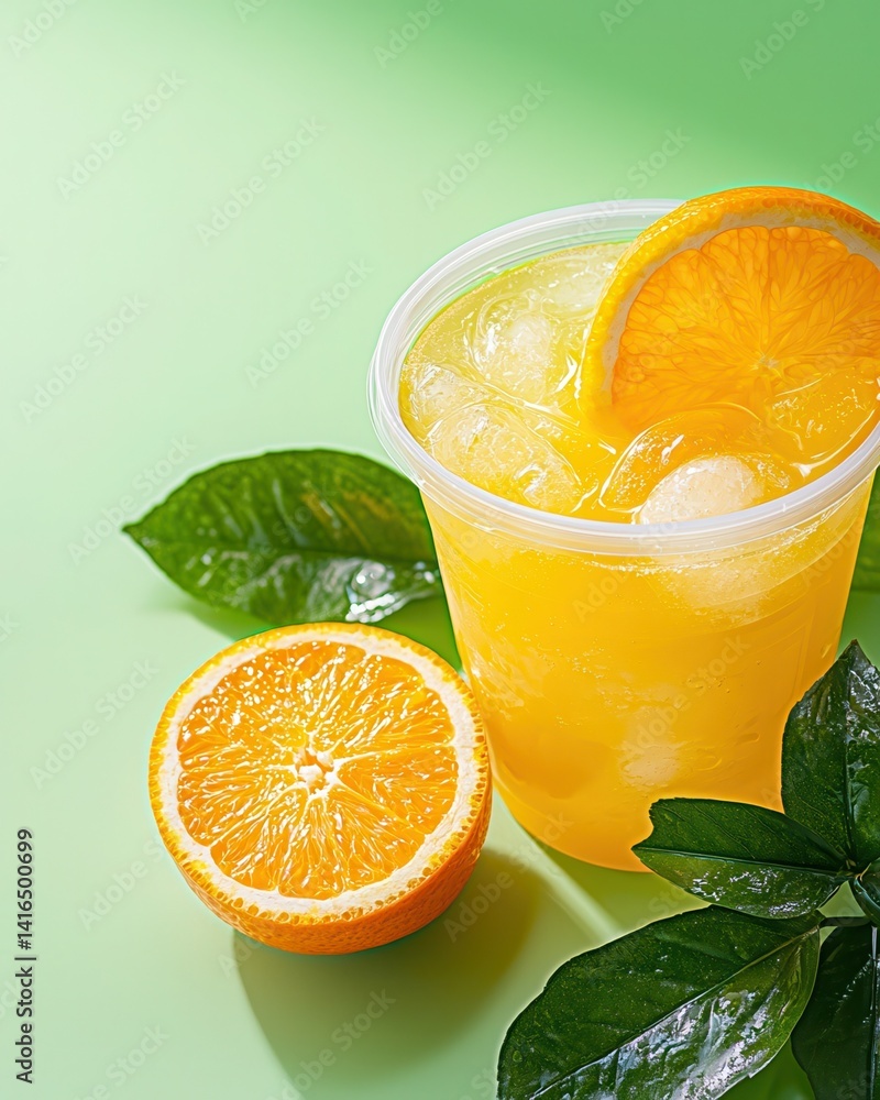 Poster refreshing orange beverage with ice and citrus garnish on green background
