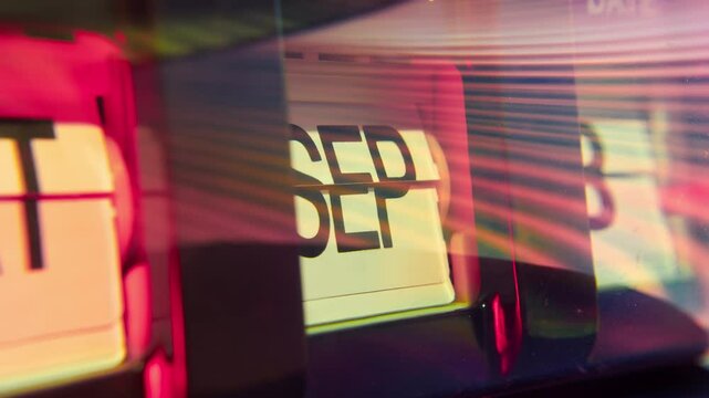 Time lapse of a flip calendar in 1 year from January to December in red futuristic light trails. Time traveling concept.