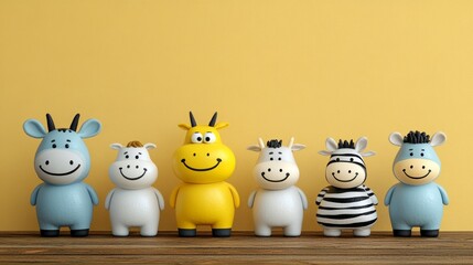 Obraz premium Whimsical animal figurines line up against a textured golden backdrop creating a playful and heartwarming scene perfect for childhood memories