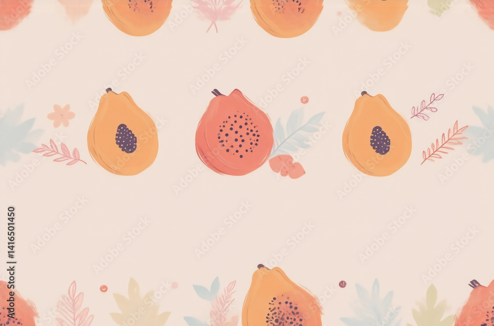 Poster A charming avatar-style illustration featuring a repeating pattern of papaya fruit and stylized leaves.  Pastel colors and a soft, whimsical aesthetic create a delightful design.