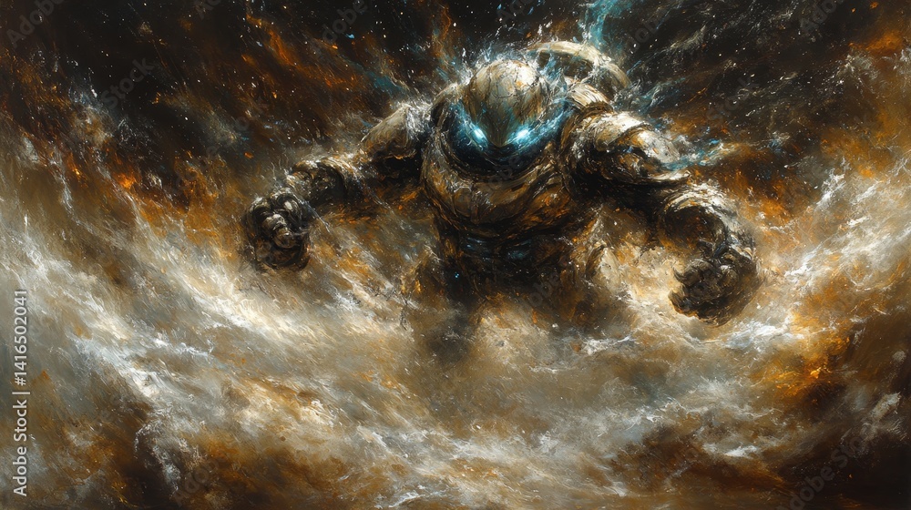 Poster cosmic entity emerges: an abstract representation of interstellar presence amidst nebula dust and li