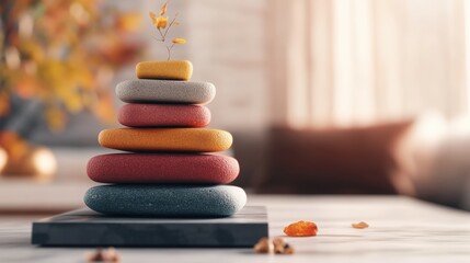Obraz premium A serene arrangement of colorful smooth stones balanced atop a dark gray base with a sprig against a softly blurred home background on light surface