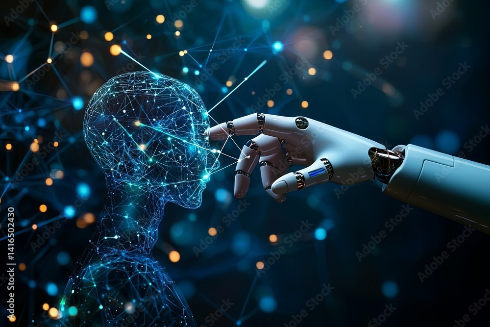 Poster futuristic interaction between human-like robot hand and abstract digital face emphasizing technolog