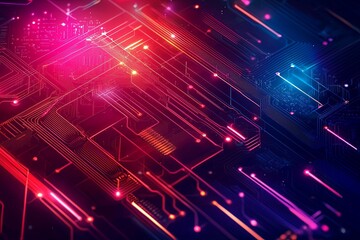 Fototapeta premium Abstract digital art with neon colors showcasing intricate circuit patterns and glowing lines. Perfect for tech, innovation, and futuristic themes.