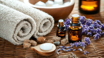 Close-up of Spa Essentials Featu Rolled Linen Towels, Amber Essential Oil Bottles, Bath Salts, Lavender Sprigs, and Sugar Scrub on Wooden Surface