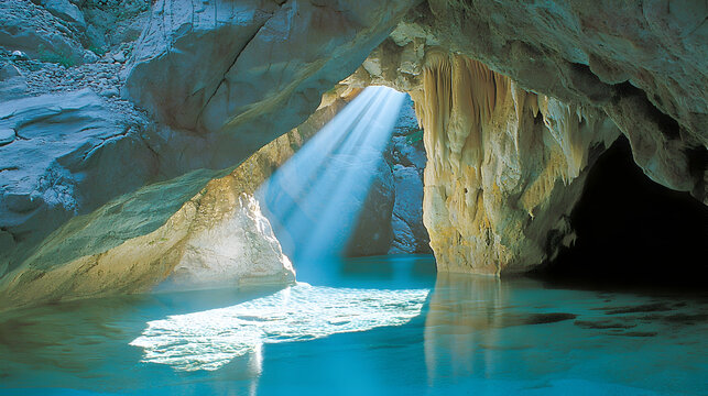 cave with sunlight streaming through an opening, illuminating a crystal-clear underground pool 