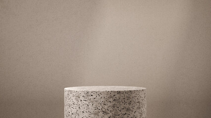 Elegant terrazzo pedestal top close-up with soft spotlight effect. Minimalist product display stage on neutral beige background. Modern texture detail for premium mockups or abstract design use.