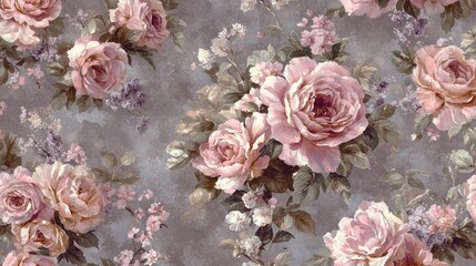 Delicate floral pattern with lush roses and soft colors.  A beautiful, romantic design featuring a variety of roses in pastel shades of pink and mauve, set against a muted gray background.