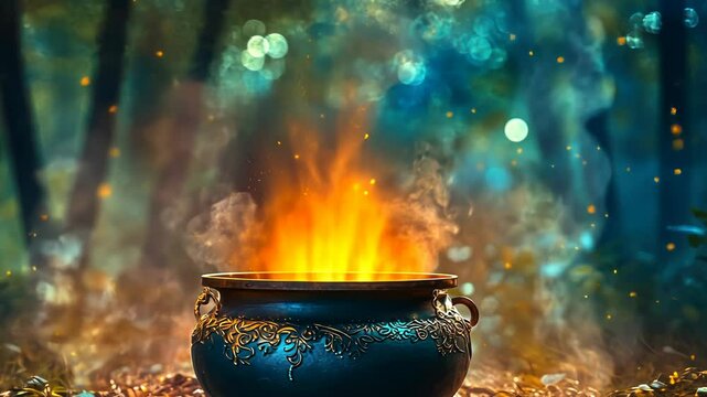 Mystical cauldron in forest
