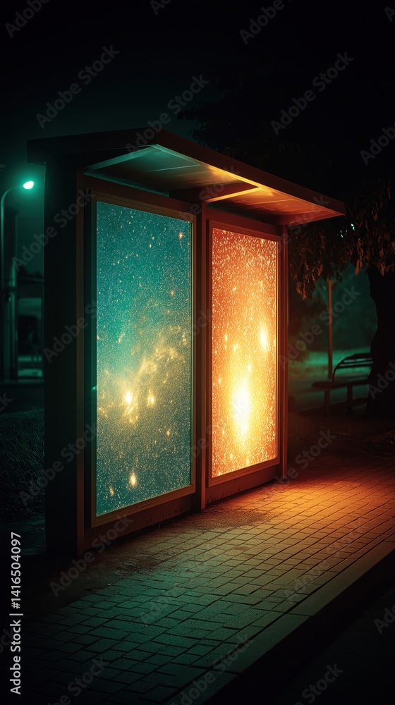 Poster a futuristic bus stop illuminated with colorful galaxy-themed panels, creating a cosmic atmosphere i