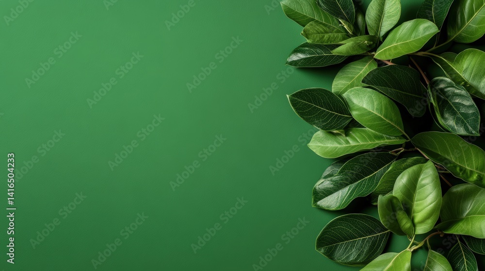 Poster lush green leaves forming a vertical arrangement against a solid green background with ample negativ