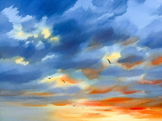 Cloudy sky in the evening sunset watercolor background