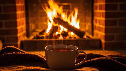 A cup of tea on a blanket next to a fireplace. The scene is cozy and warm, with the fire providing a comforting glow