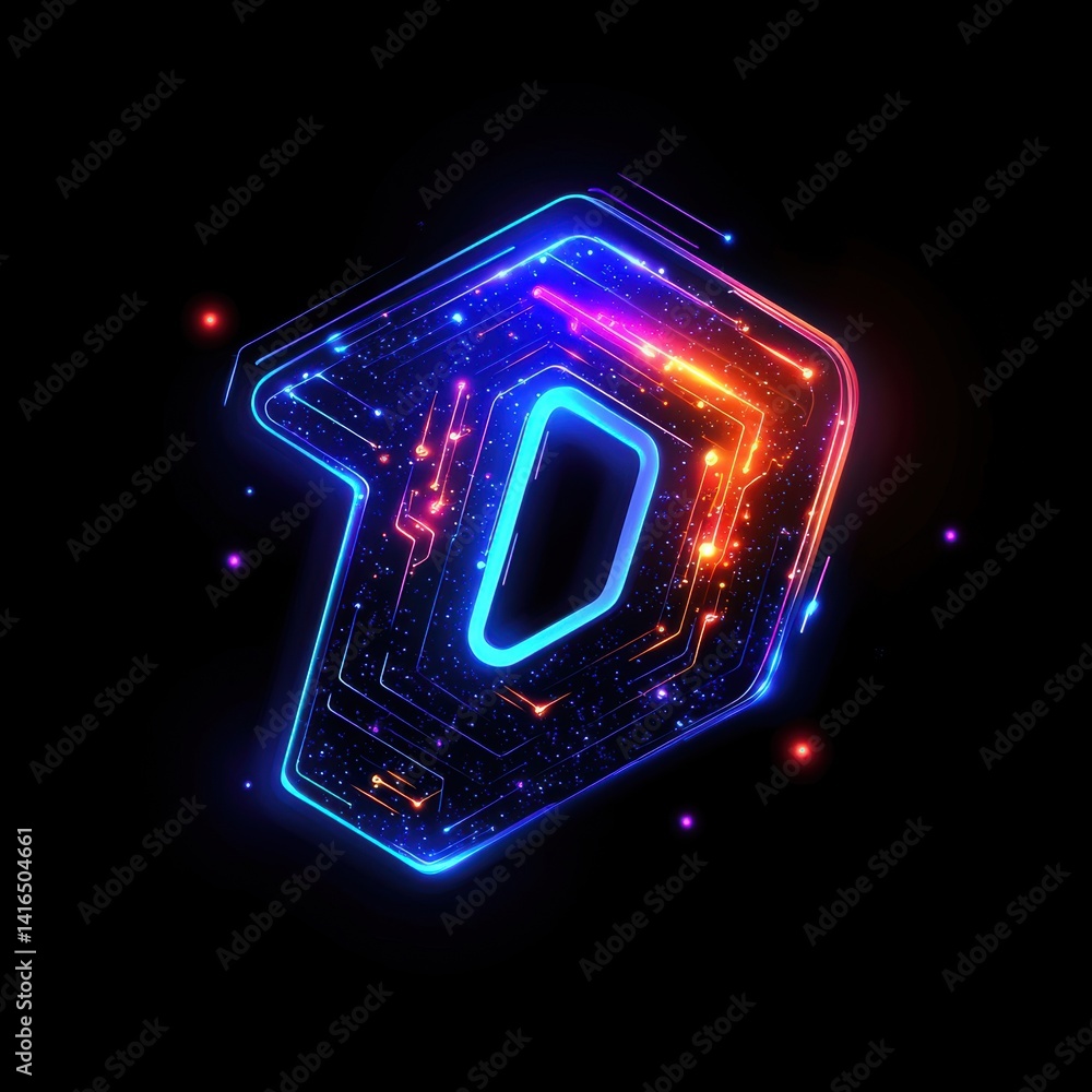 Poster neon digital letter d design with glowing circuit board pattern for tech branding and futuristic art
