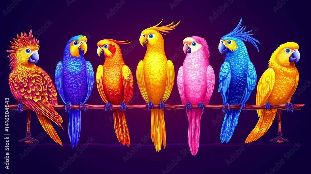 Poster vibrant array of exotic birds perching artfully on a branch displaying a dazzling spectrum of colors