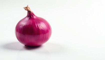 Single red onion, vibrant color, stark white background, round, raw, vibrant