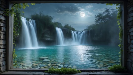 Waterfall View Through Stone Window with Moonlit Sky Landscape