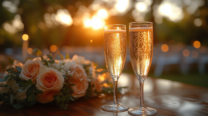 Sunset Wedding Toast with Champagne and Roses &ndash; 석양 속 샴페인과 장미로 연출된 웨딩 축배