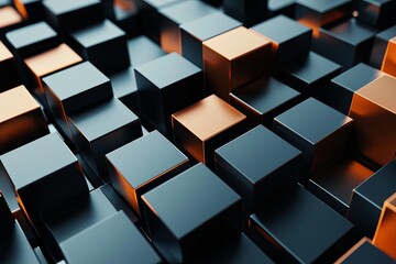 Abstract 3D Render of Black and Bronze Cubes Arranged in an Intricate Pattern Creating Modern Minimalist Artistic Visual for Background or Design Use