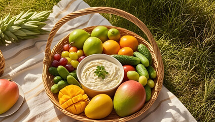 Healthy picnic basket with fresh fruits, vegetables, and dip – clean eating, plant-based lifestyle, summer outdoor food concept

