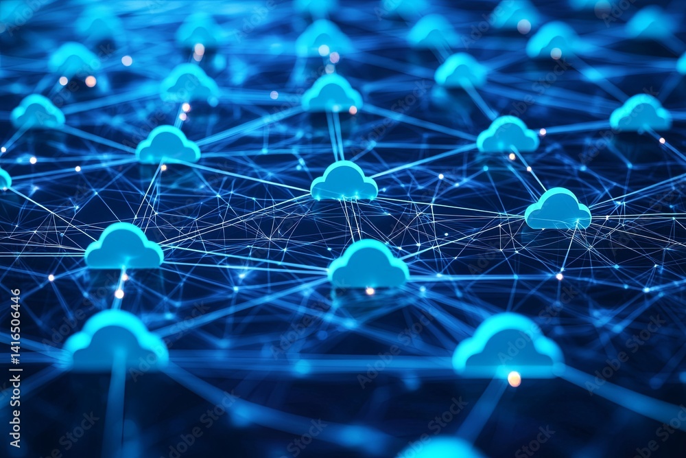 Poster futuristic digital cloud network visualization depicting data connections and interactions in a high