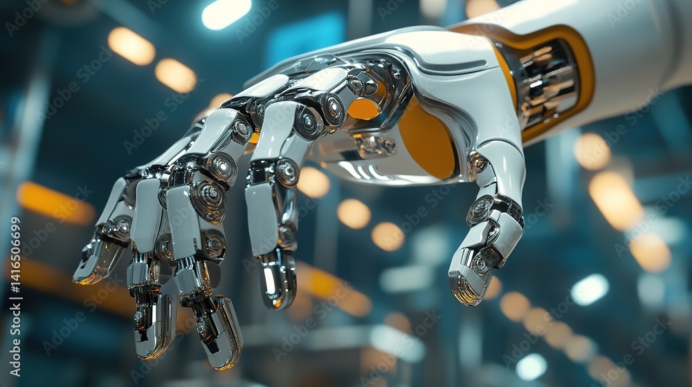 Poster a futuristic self-learning robot optimizing manufacturing efficiency.