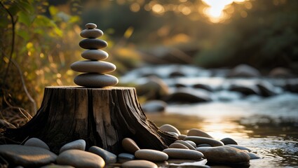 Obraz premium Balancing Stones on Tree Stump by River in Golden Light
