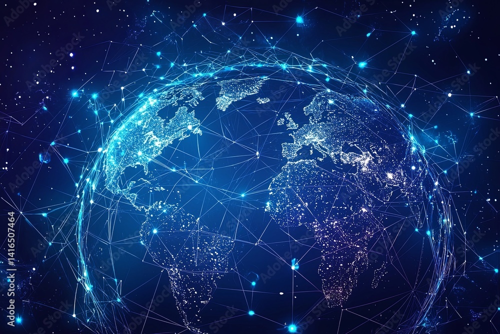 Poster vibrant digital earth with connected networks depicting a global data exchange in a starry night set