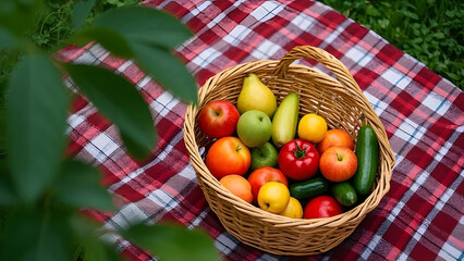 A basket of fruit is on a red and white checkered blanket. The basket contains apples, pears, tomatoes, and cucumbers. The basket is placed on a table in a park