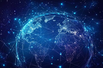 Naklejka premium Vibrant Digital Earth with Connected Networks Depicting a Global Data Exchange in a Starry Night Setting Representing Technology and Innovation