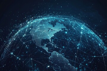 Naklejka premium Digital Global Network Concept Representing Connections Across Earth Separating Continents with Geometric Lines and Dots in Technology Style