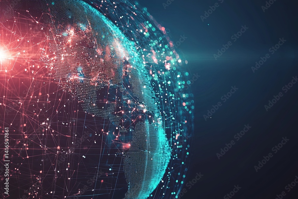 Poster digital global network concept with earth surrounded by connected nodes, light effects and vibrant c