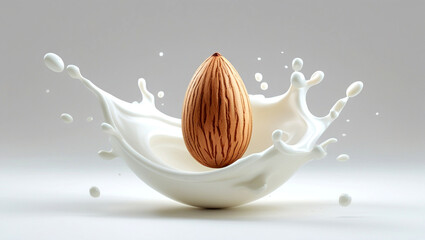 Almond Splashing into Plant-Based Milk on White Background