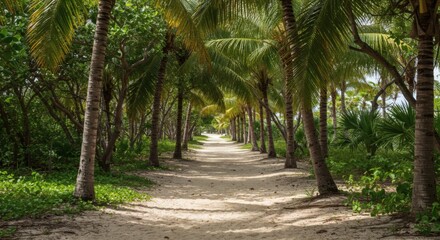 Walking Sandy Path Lined with Palm Trees in Tropical Paradise
