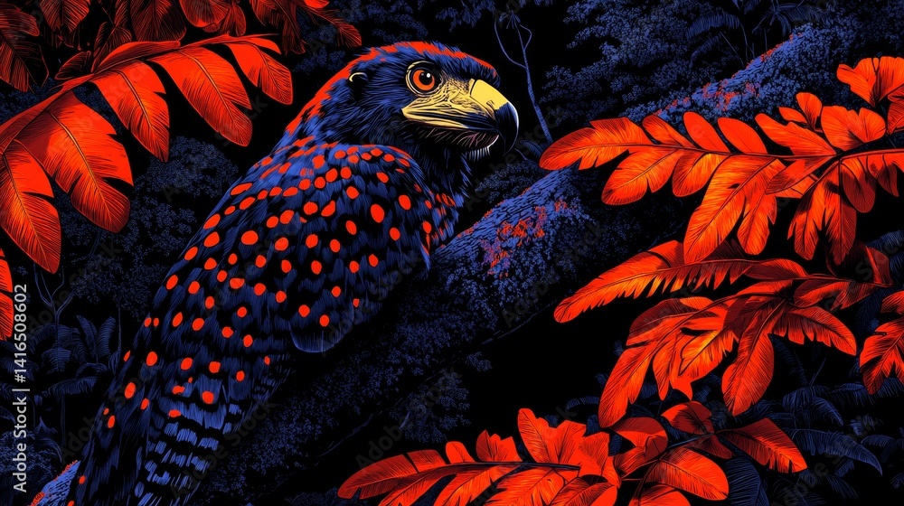 Poster hawk among amber flora is presented with a pixelated aesthetic creating a vintage reminiscent of ear